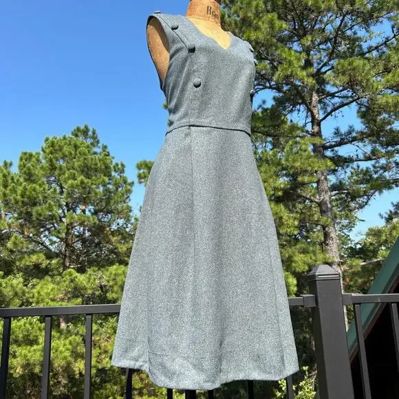 knee length dresses for ladies Vintage 60s/70s Handmade Green Floral Button-Front Short Sleeve Midi D